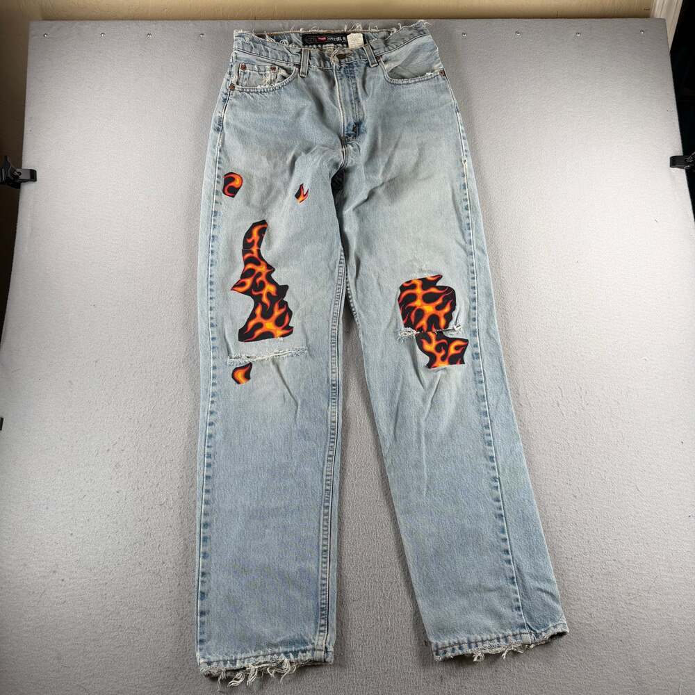 Vintage 90s Levis 525 Special Reserve Jeans Flame Print Distressed USA Womens 10